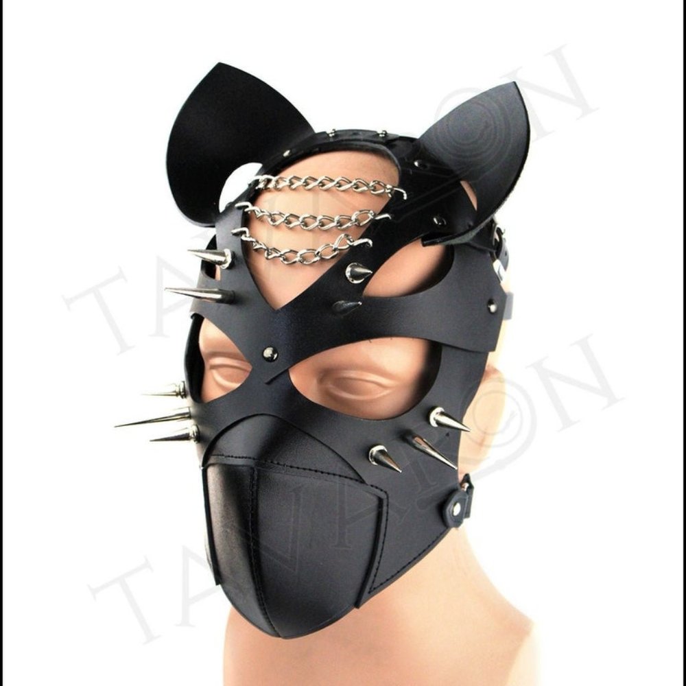 Sexy Black Leather Cat Spike Mask